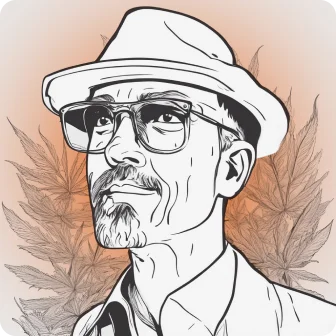 Animated picture of a man over a cannabis background