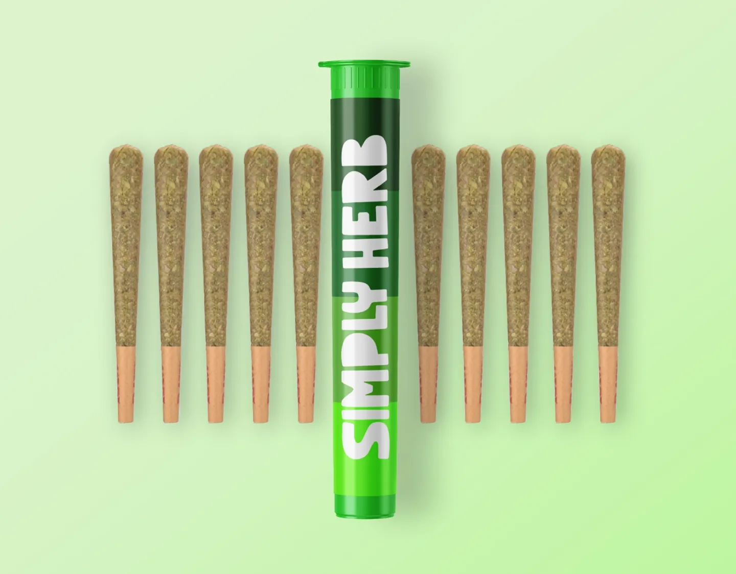Simply Herb pre-roll tube surrounded by fanned-out pre-rolls