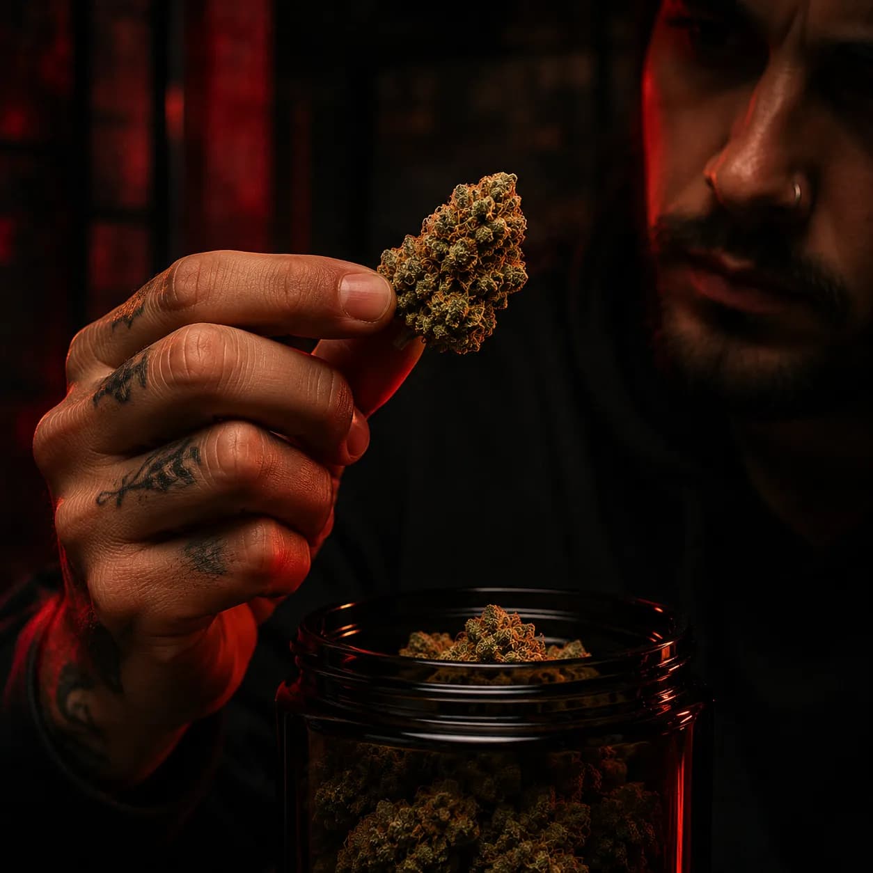 A person holding a cannabis bud above an open jar of flower