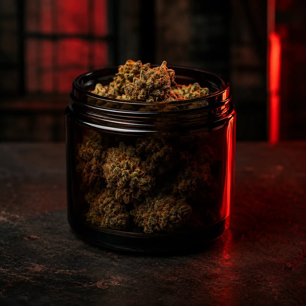 Cannabis flower buds in an open glass jar