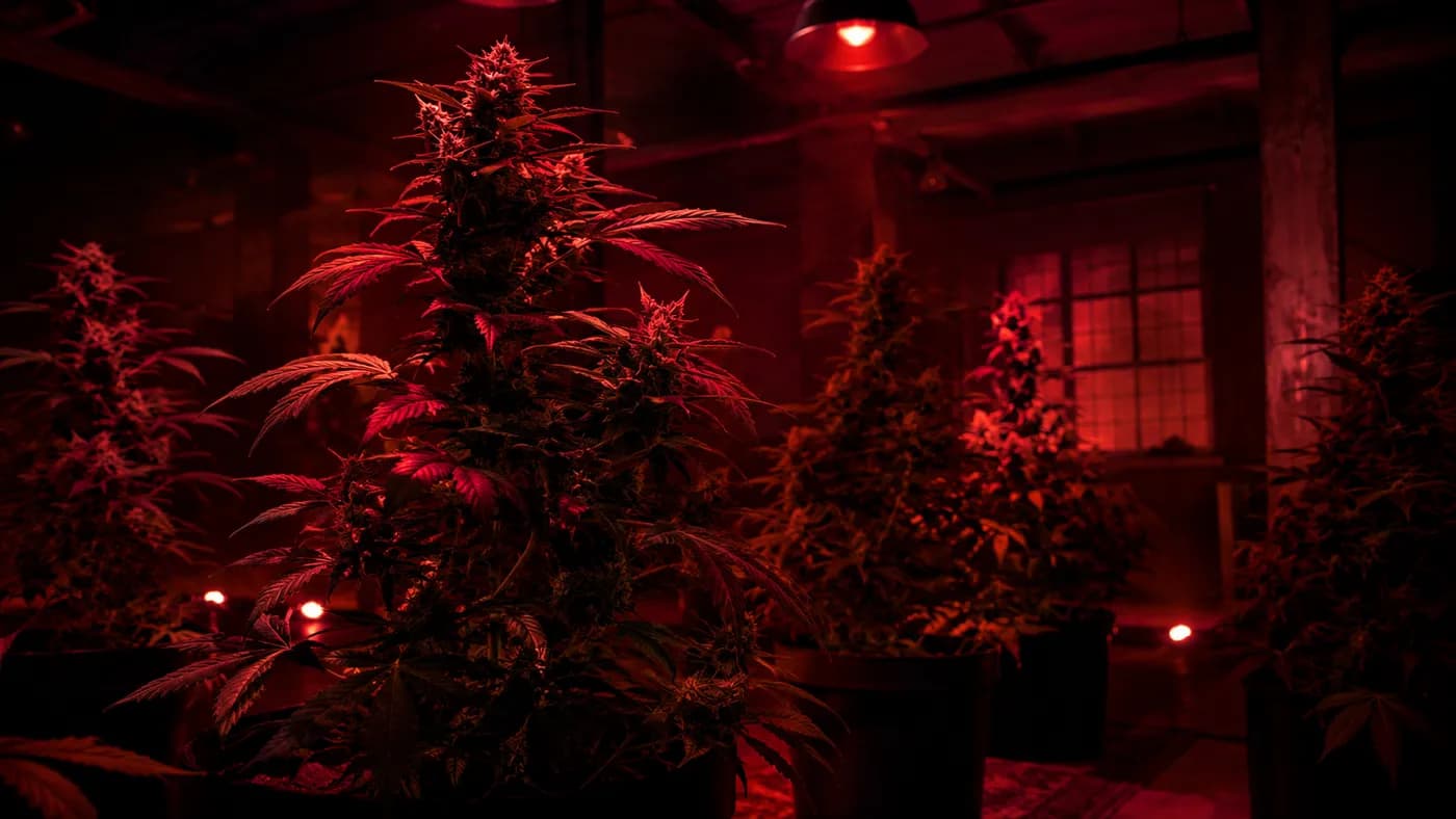 Cannabis plants growing under red grow lights