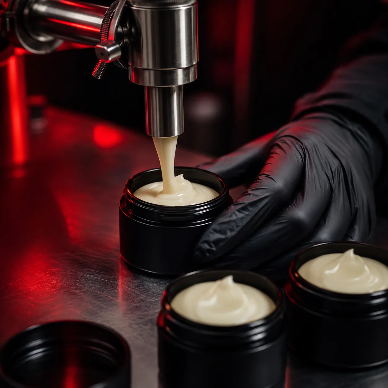 Cannabis topical cream being dispensed into jars
