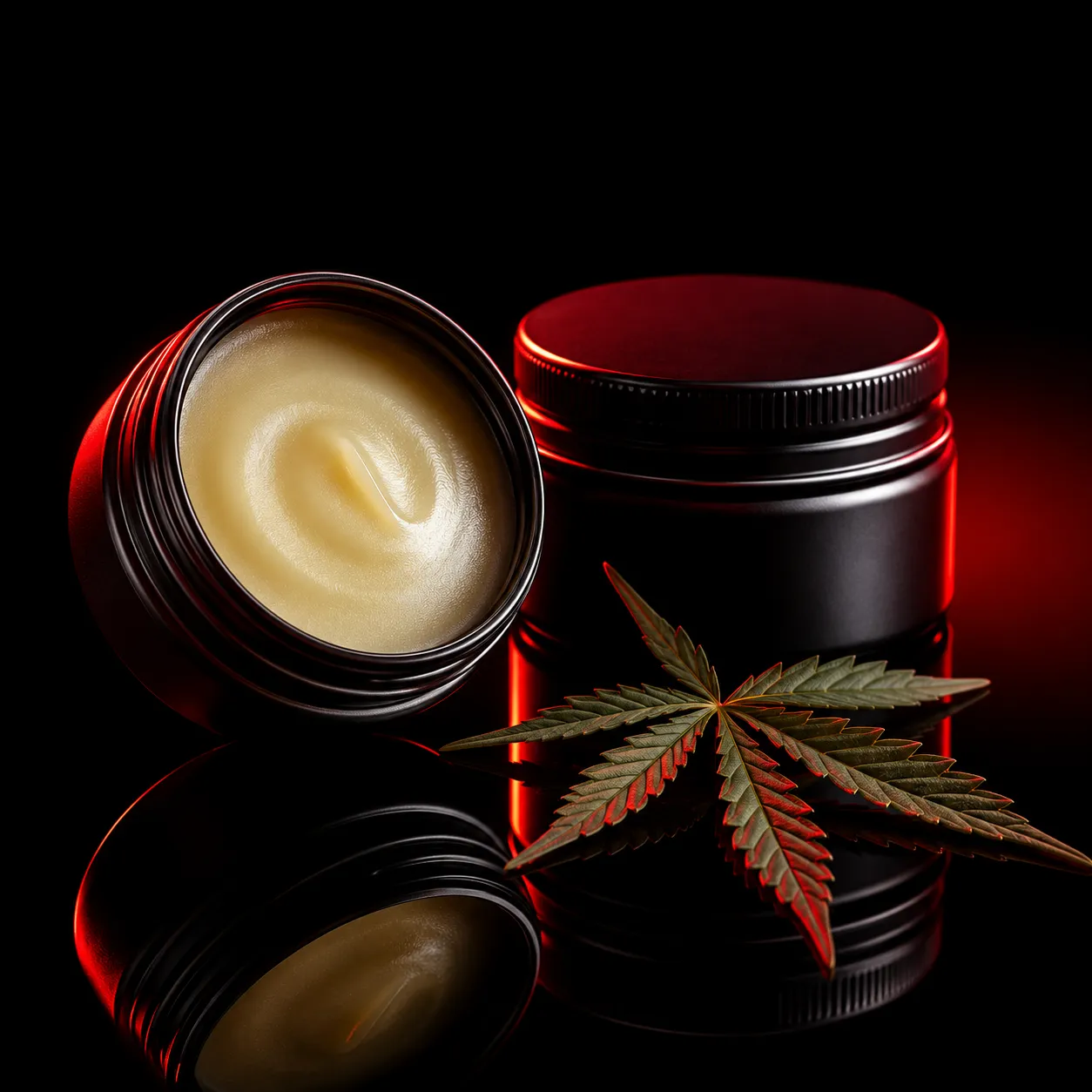An open jar of cannabis topical cream beside a cannabis leaf