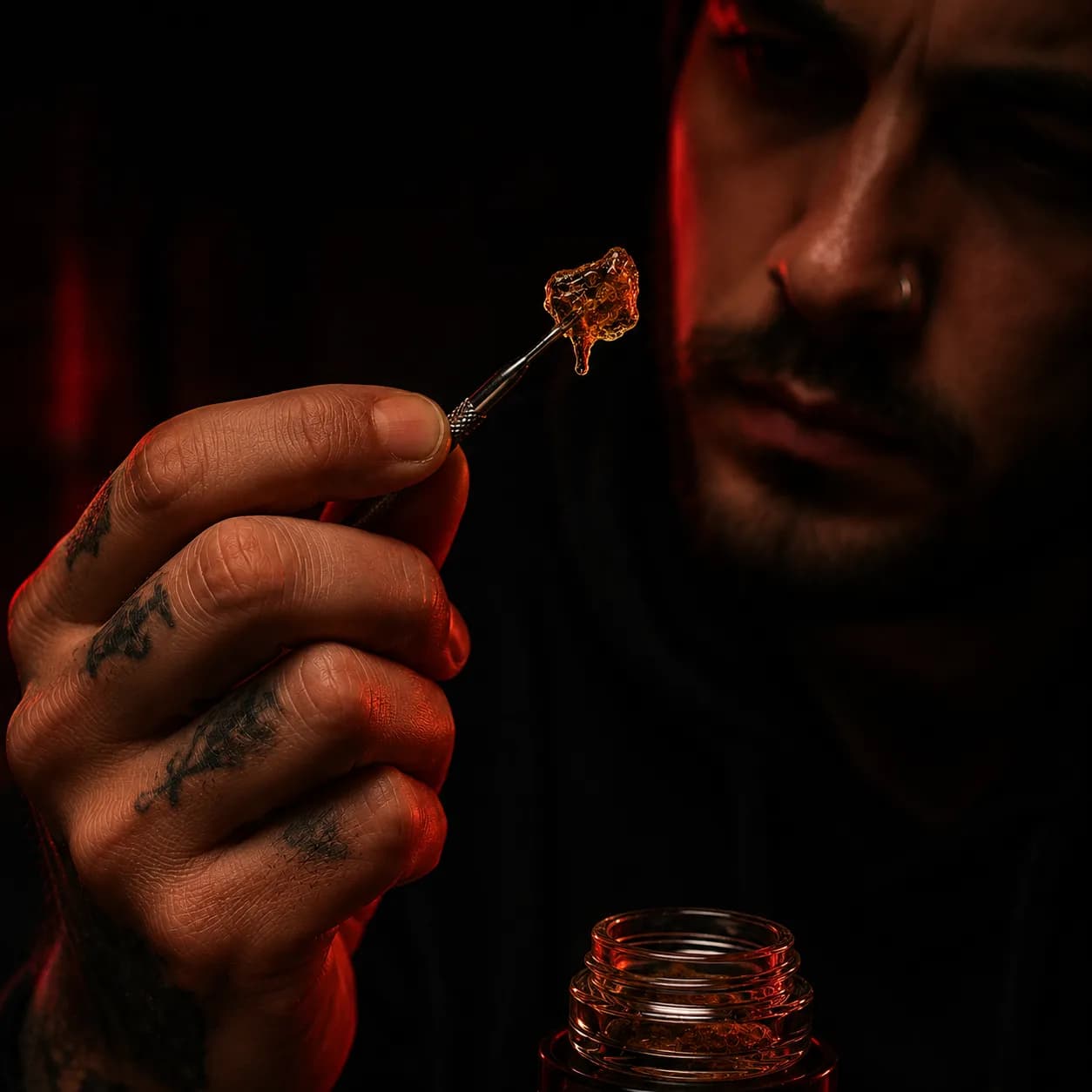 A person using a dab tool to lift concentrate from a glass jar