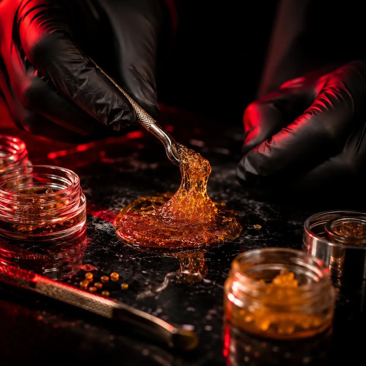 A dab tool scooping live resin concentrate among glass jars
