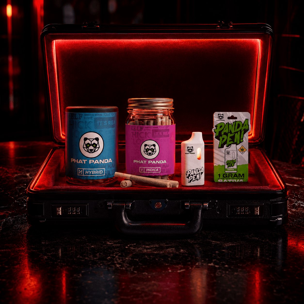 Phat Panda Reserve collection of branded jars and vapes in an illuminated case