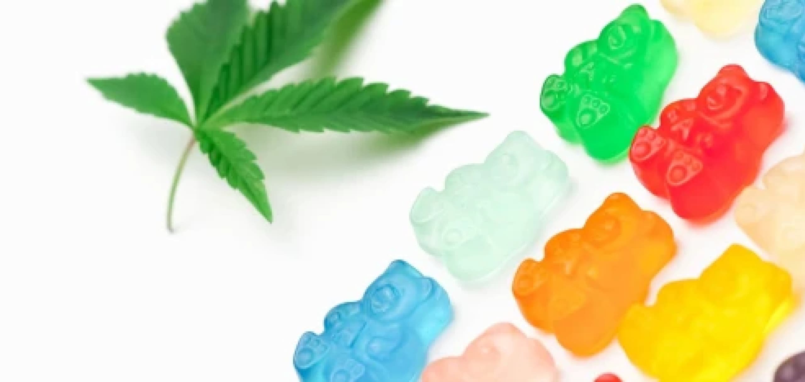 Colorful gummy edibles arranged beside a cannabis leaf
