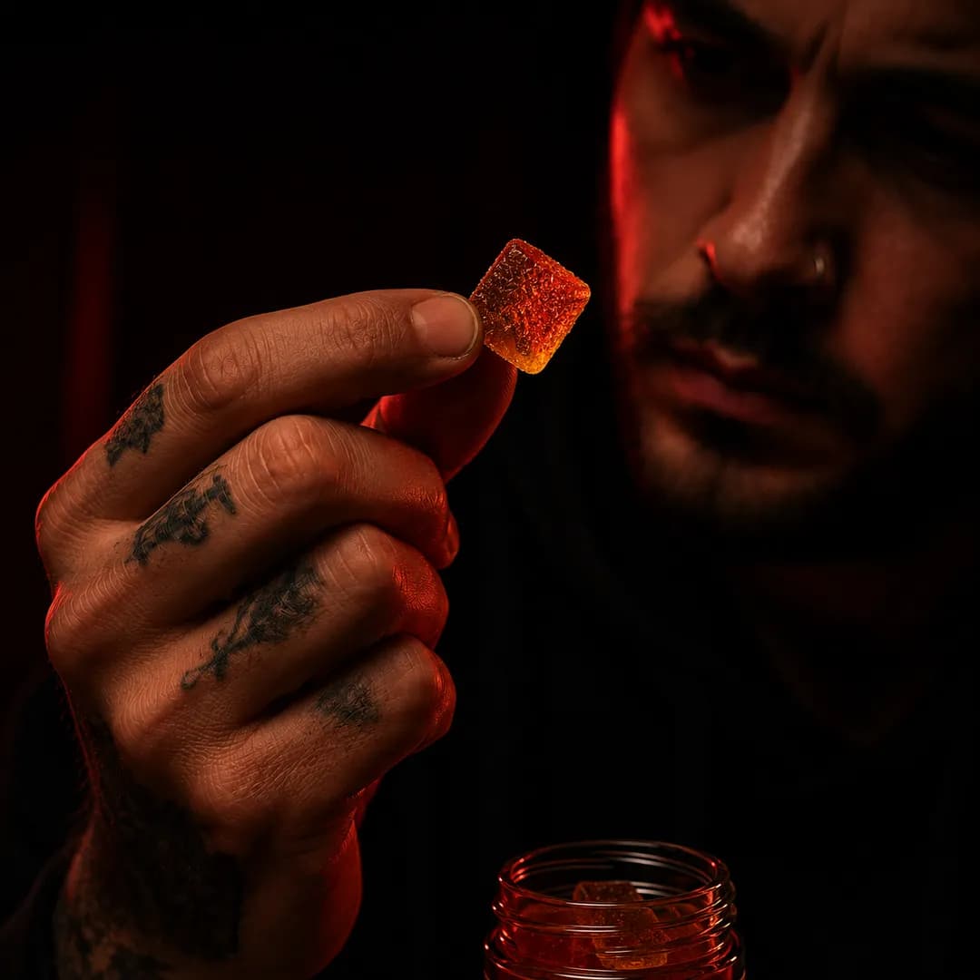 A person holding a single THC gummy above a jar