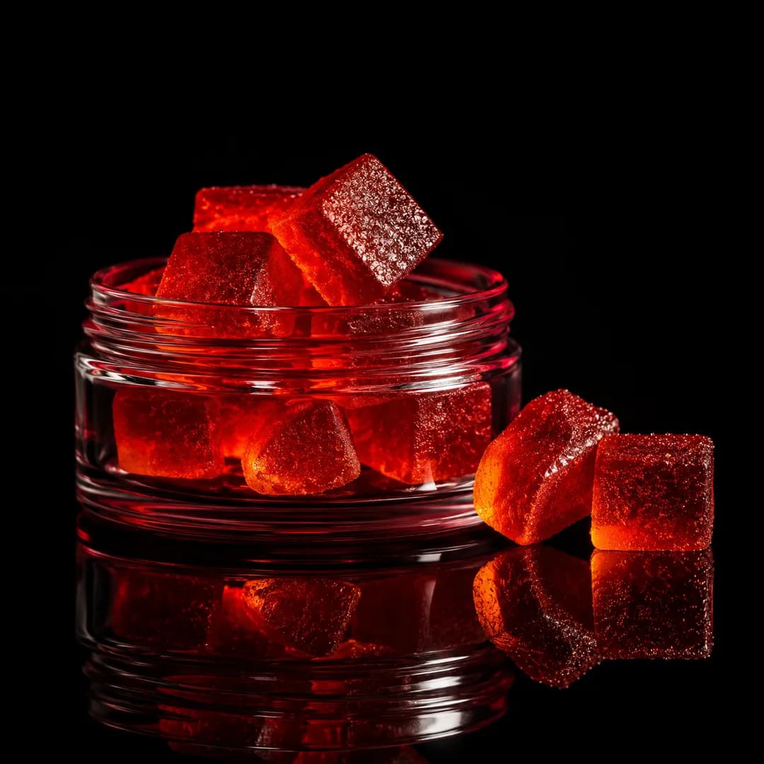 Red THC gummies in and around a glass jar