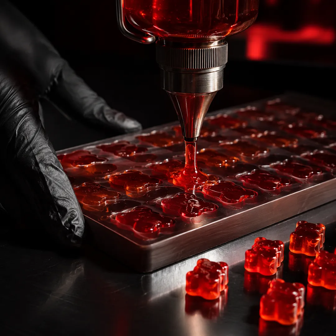 Gloved hand filling a mold with THC gummy syrup