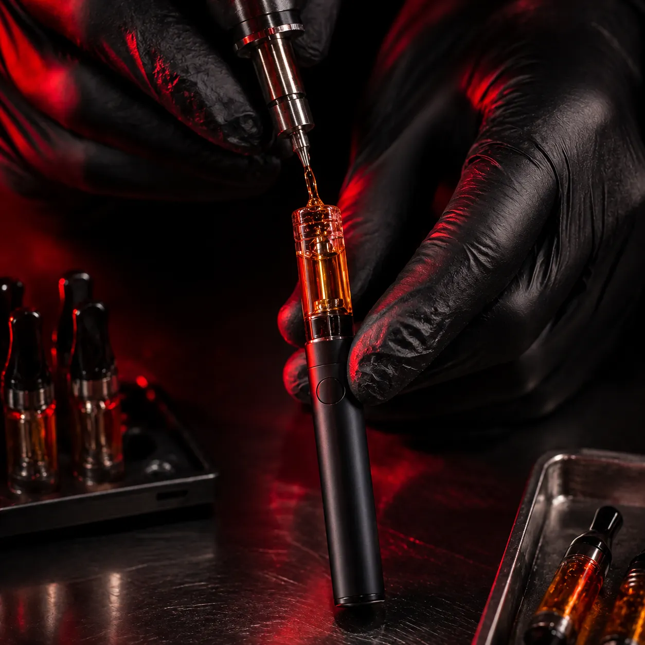 Gloved hands filling a cannabis vape cartridge