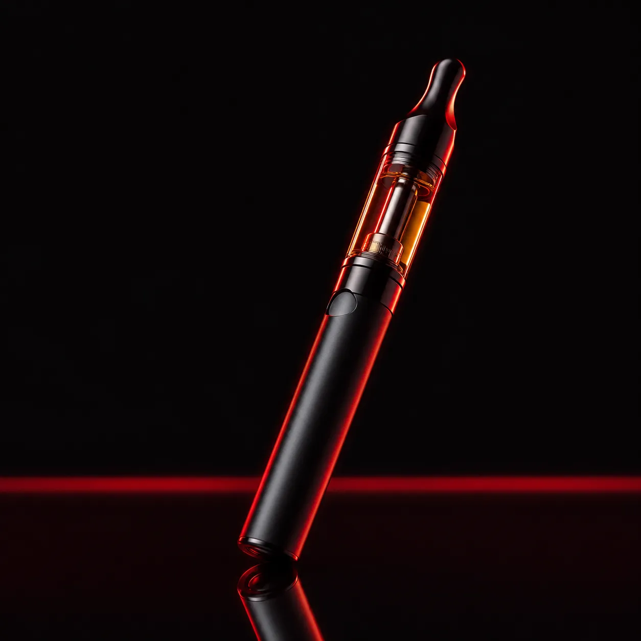A cannabis vape pen with a full cartridge on a dark surface