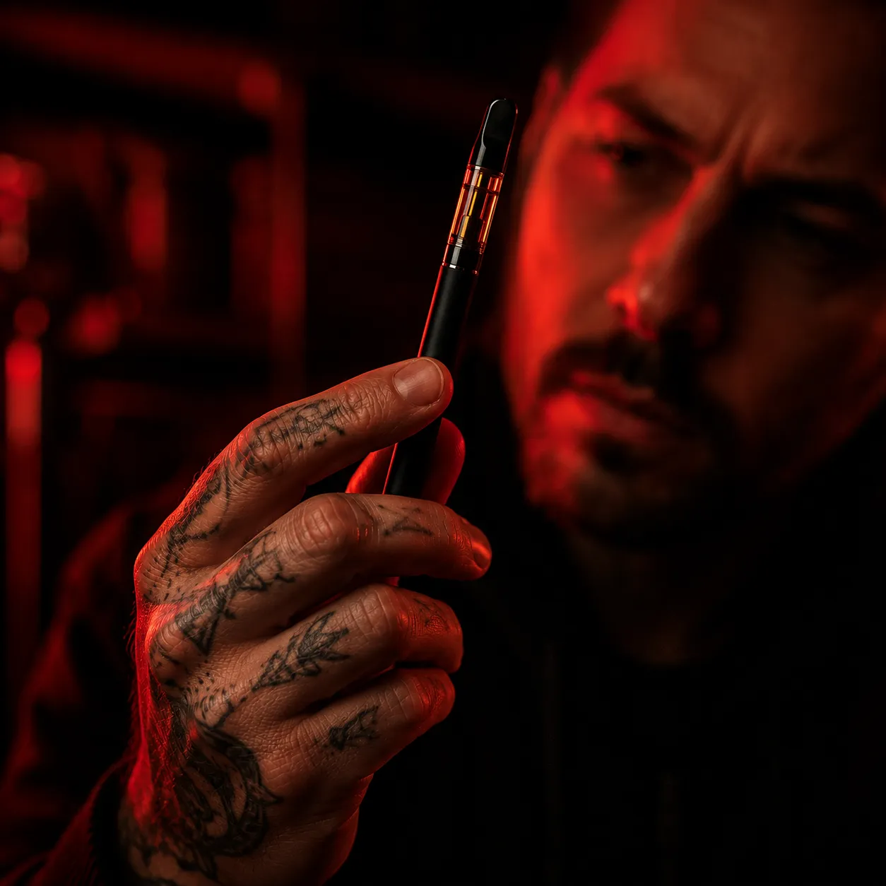 A person holding a cannabis vape pen under red light
